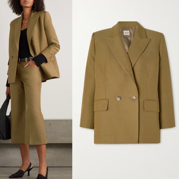 KHAITE Jackets & Blazers - Khaite Mayley Oversized Double Breasted Woven Blazer in Khaki 8